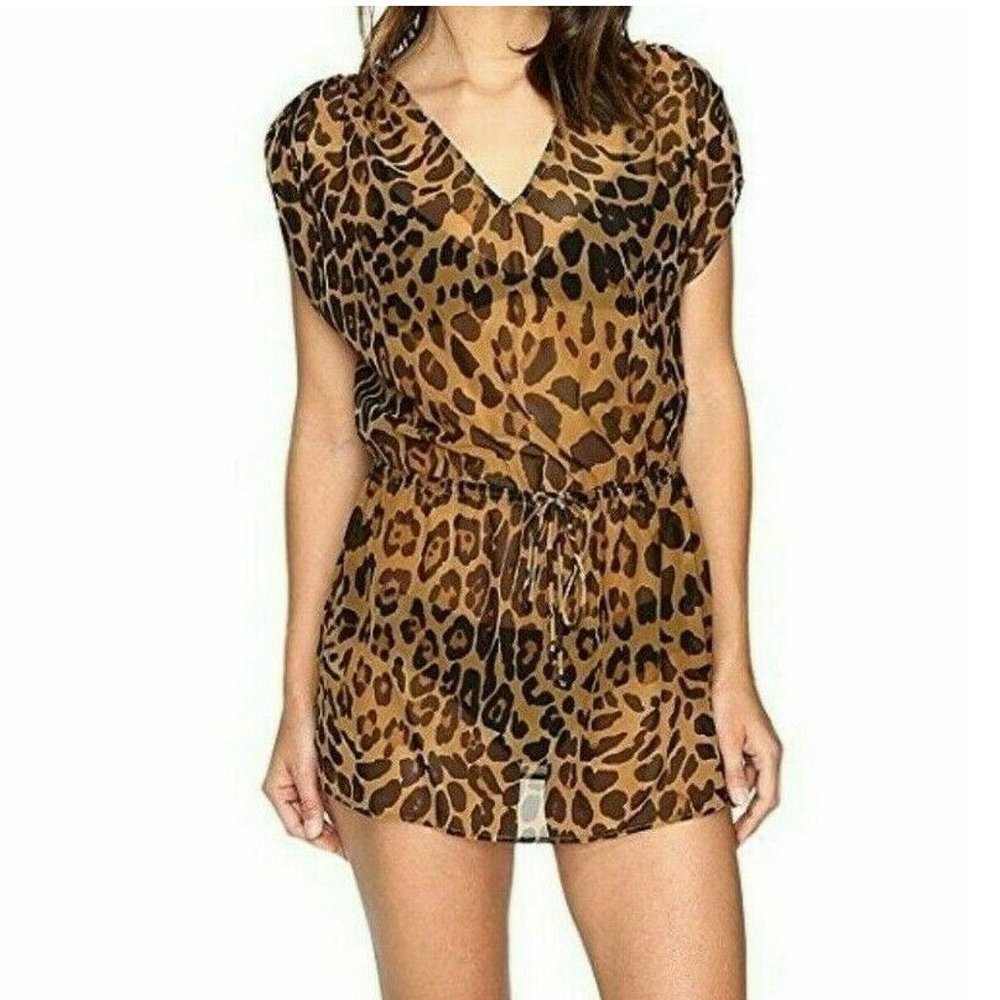 Leopard Mesh Drawstring Tunic Swim Cover-up L